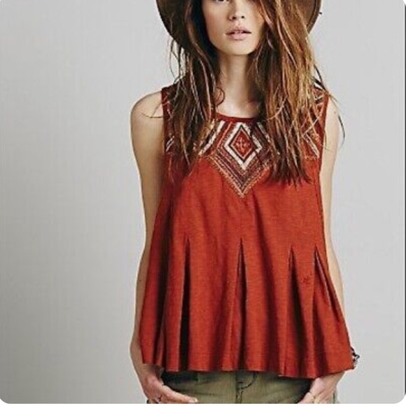 Free People Tops - Free People Embroidered Sleeveless Burnt Orange Tank